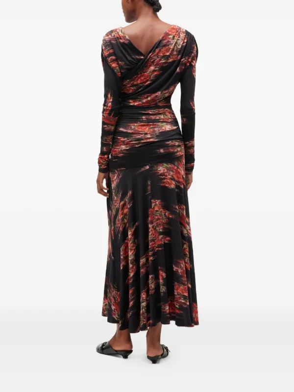 Ganni Floral-print Ruched Dress - Black