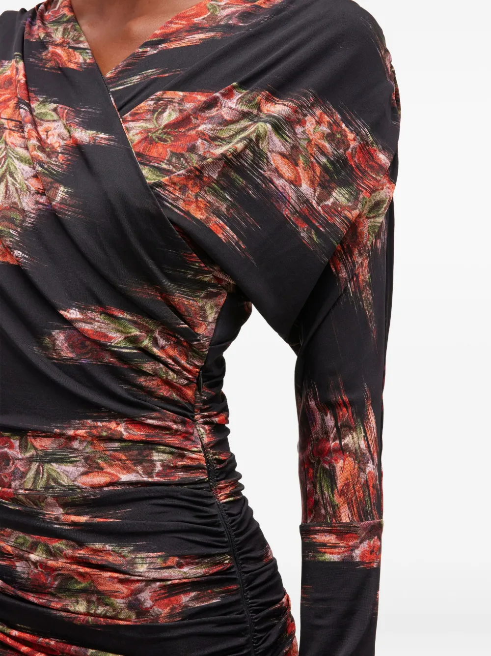 Ganni Floral Ruched Jersey Maxi Dress In Black