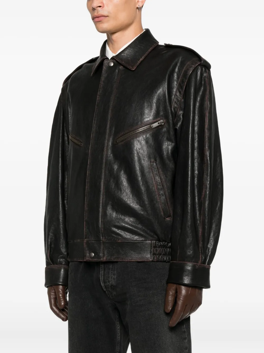 Saint Laurent Leren jack met ritssluiting Bruin