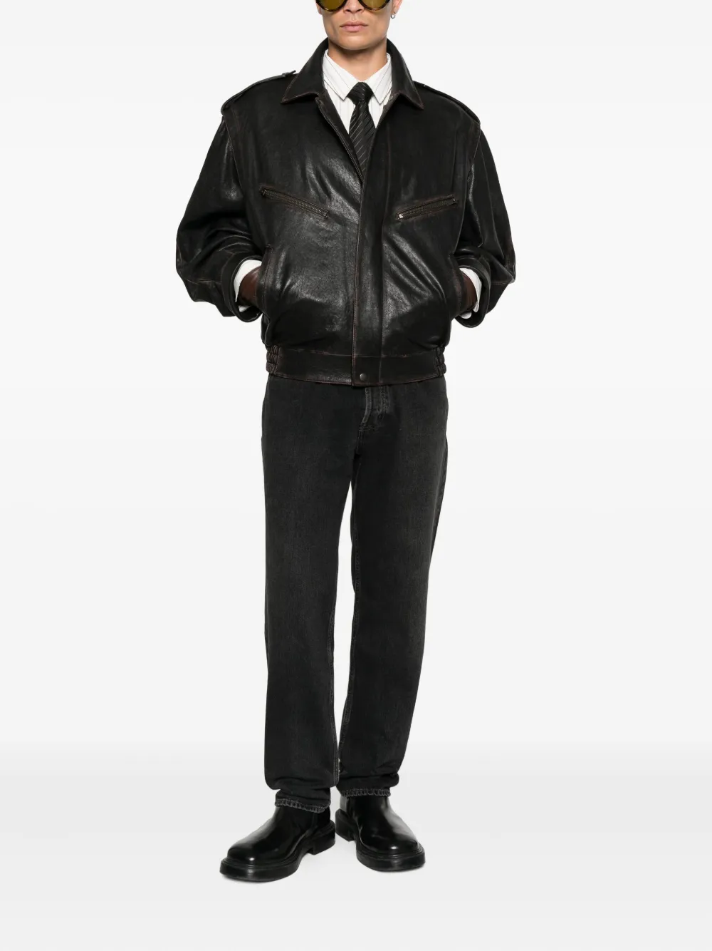 Saint Laurent Leren jack met ritssluiting Bruin