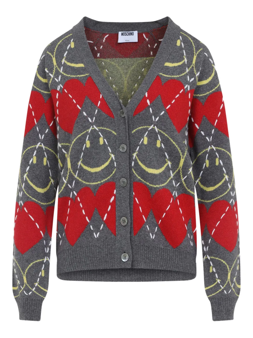 Moschino Smiley-heart Cardigan In Gray