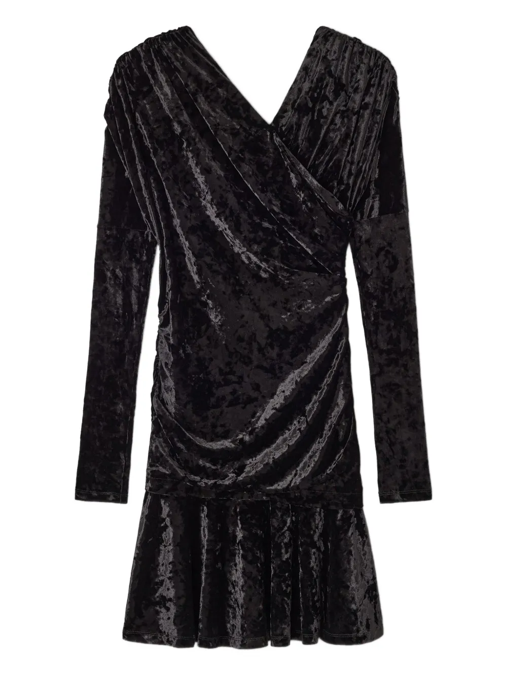 Ganni Ruched Asymmetric Velvet Minidress In Black