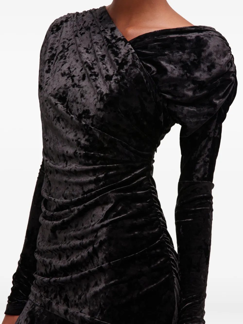 Ganni Ruched Asymmetric Velvet Minidress In Black
