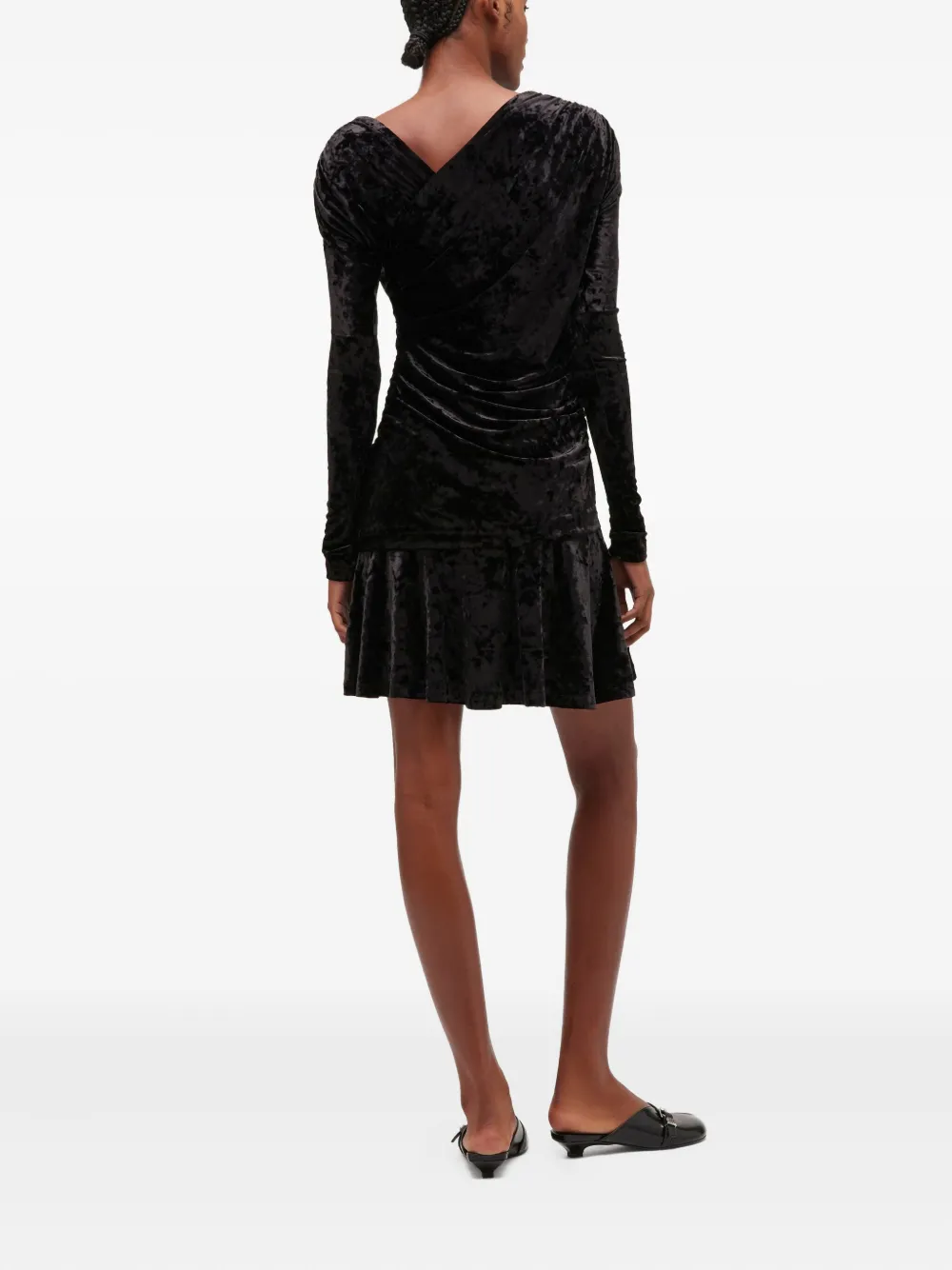 Ganni Ruched Asymmetric Velvet Minidress In Black