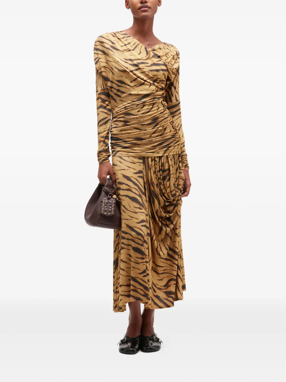 GANNI Gedrapeerde midi-jurk met print - Beige