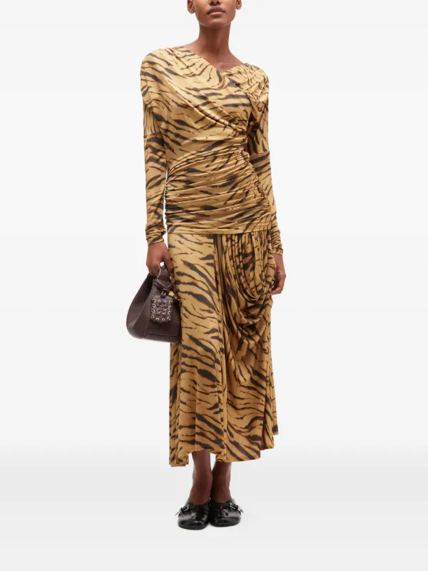 GANNI tiger-print Draped Midi Dress | Neutrals | FARFETCH GE