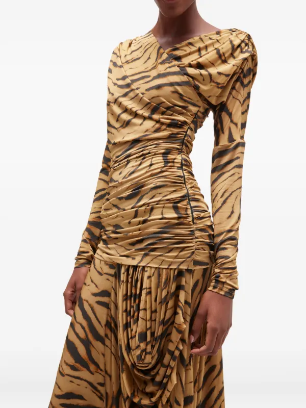 tiger print long sleeve dress Brown Tiger Print Mini Beach Dress