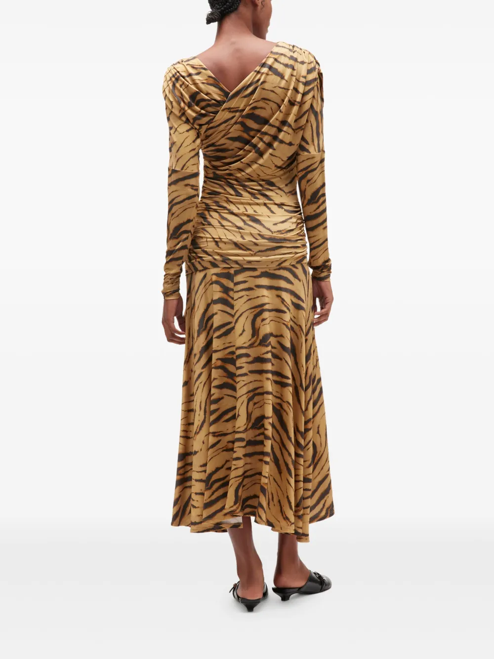 Ganni Asymmetric Draped Tiger-print Maxi Dress In Yellow