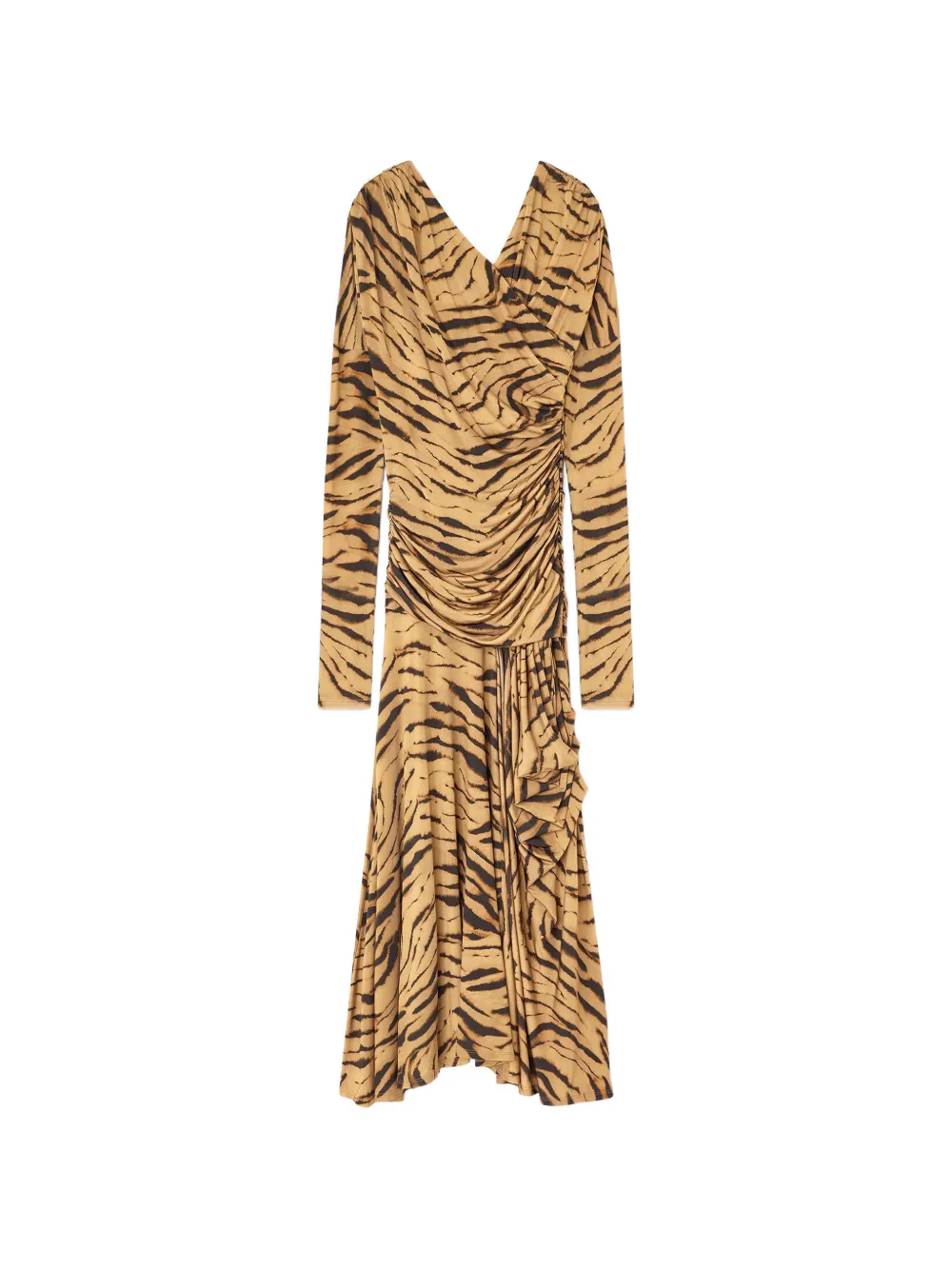 GANNI Gedrapeerde midi-jurk met print Beige