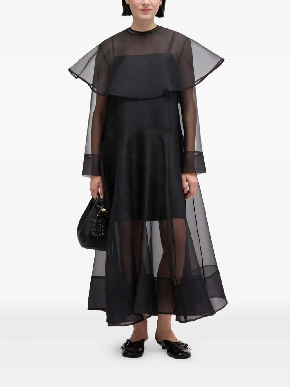 GANNI Organza maxi-jurk met capemouwen - Zwart