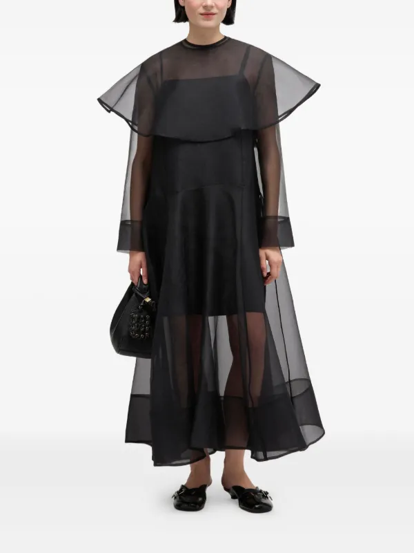 GANNI cape-sleeve Organza Maxi Dress | Black | FARFETCH GE