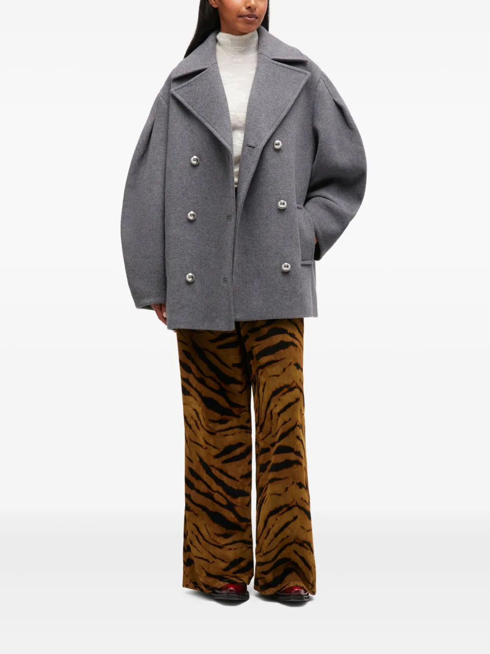 Ganni Double-breasted Oversized Coat Featuring Pockets In Gray