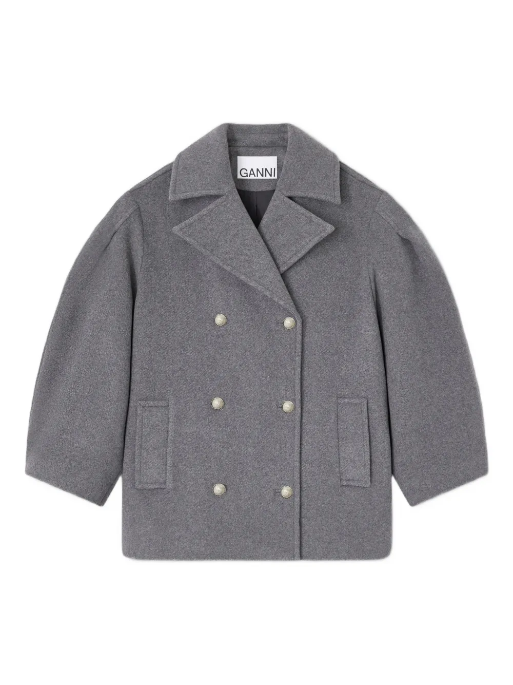 Ganni Double-breasted Oversized Coat Featuring Pockets In Gray