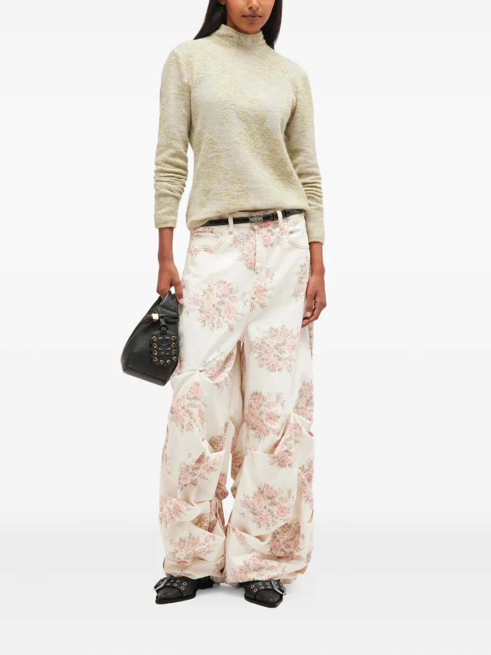 GANNI Gesmockte jeans met bloemenprint - Beige