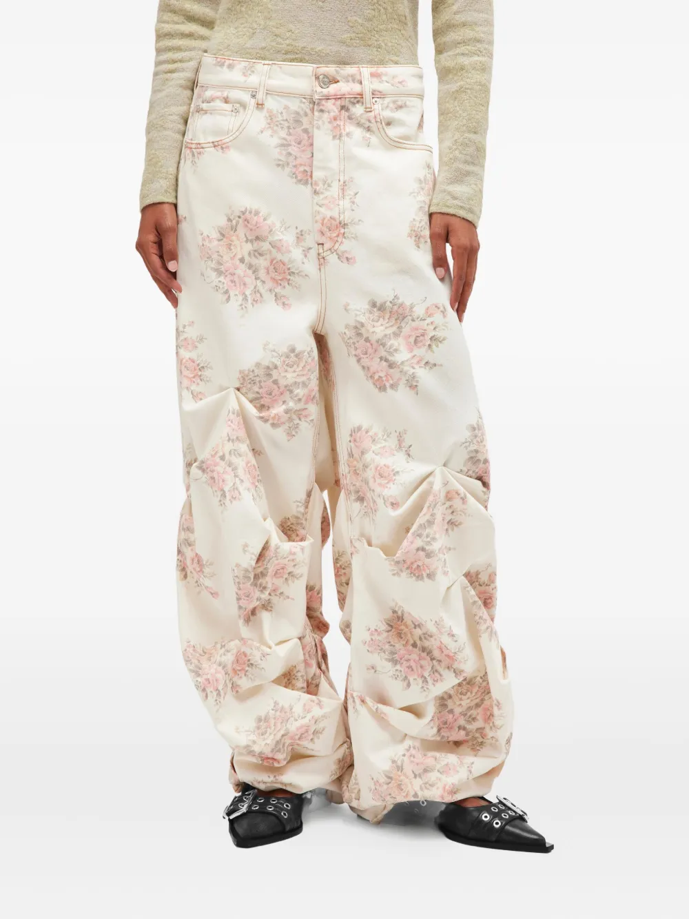 GANNI Gesmockte jeans met bloemenprint Beige
