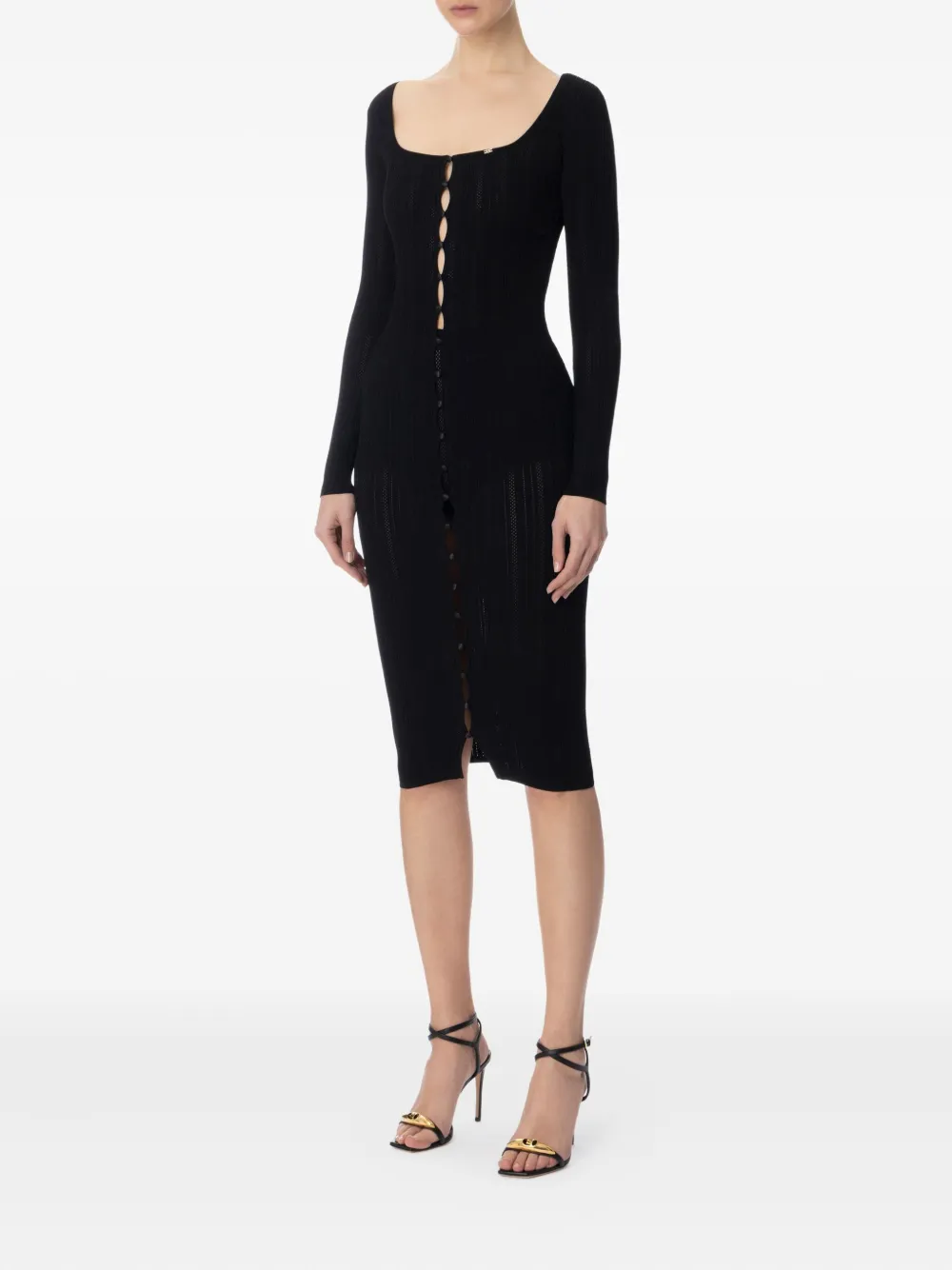 Elisabetta Franchi ribbed-knit button-front midi day dress - Zwart