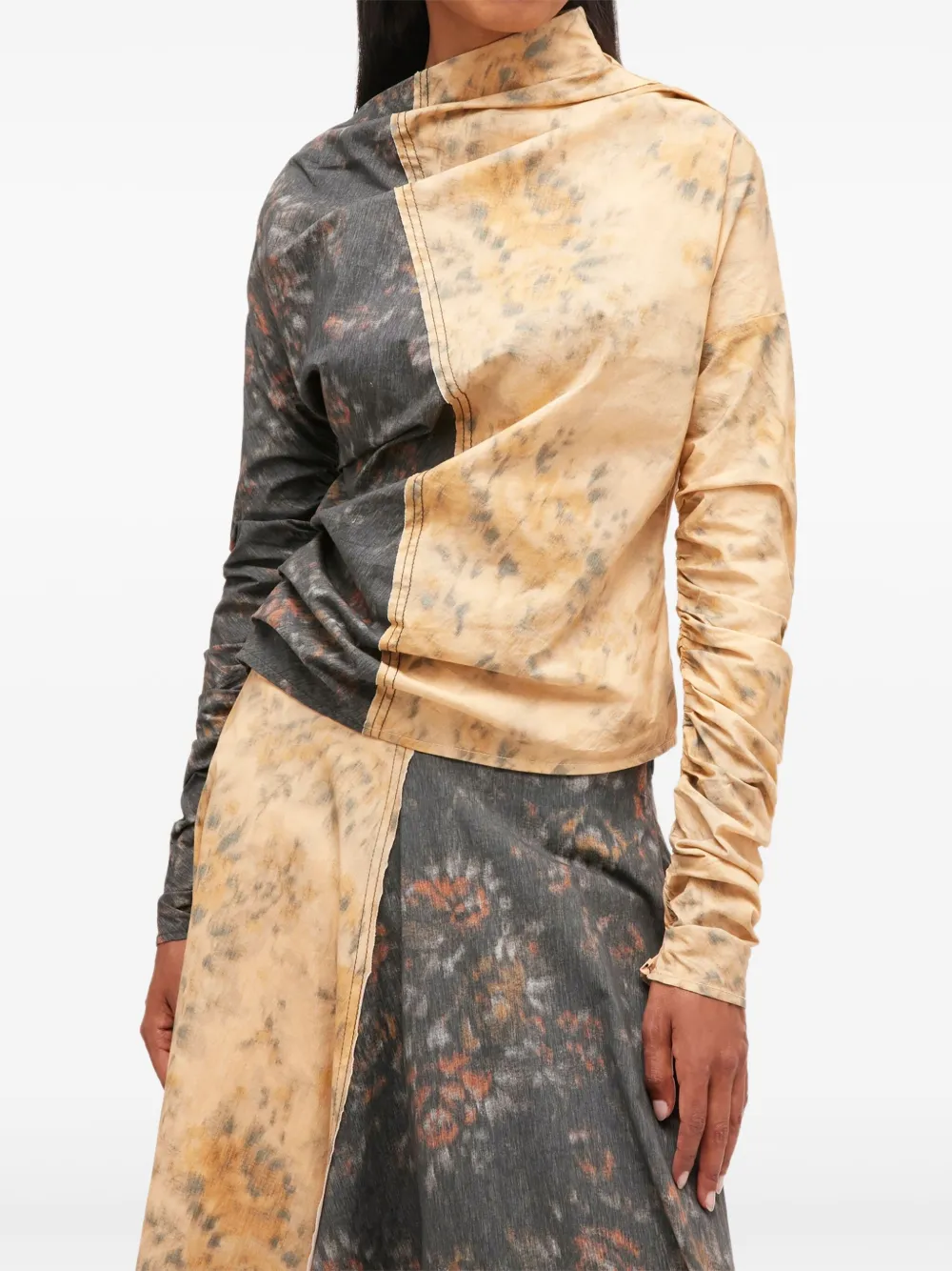 Ganni Asymmetric-neck Floral-print Top In Yellow