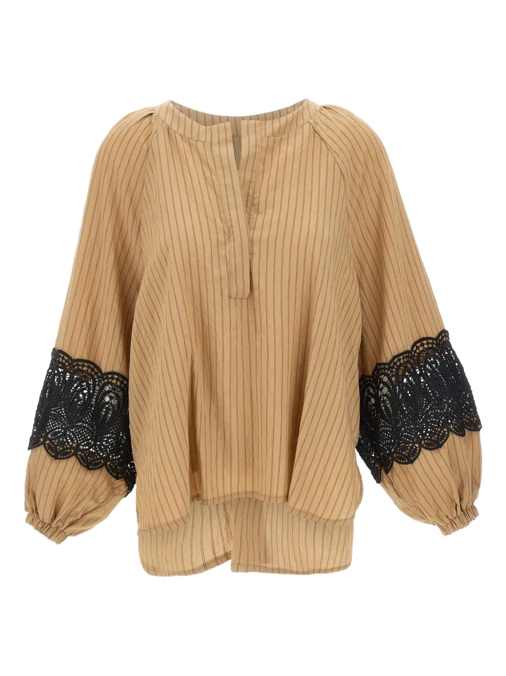 pinstripe-pattern lace-insert blouse
