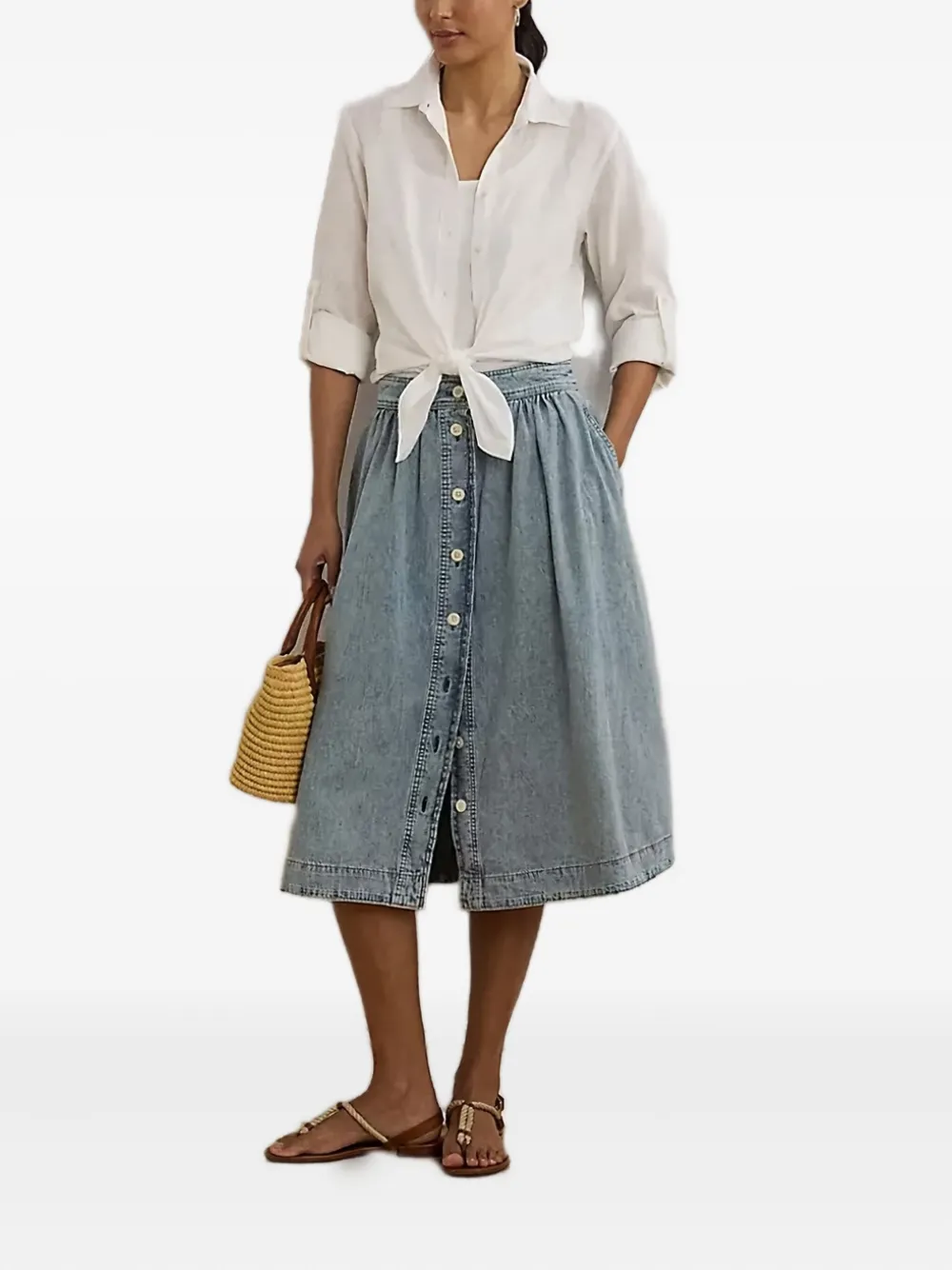 Ralph Lauren Button-front Gathered Midi Skirt In Blue