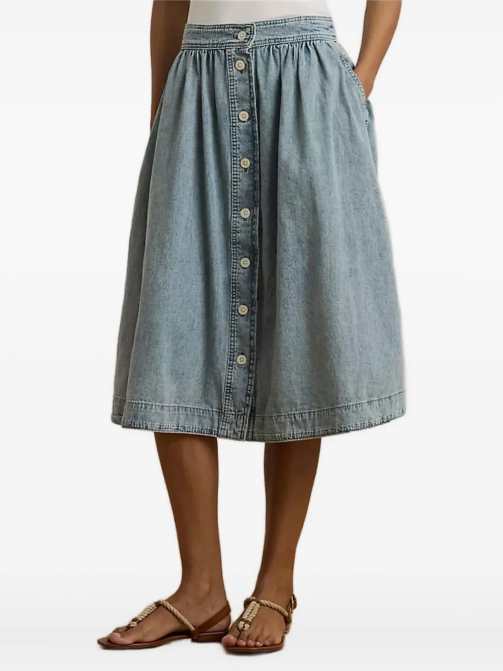 Ralph Lauren Button-front Gathered Midi Skirt In Blue