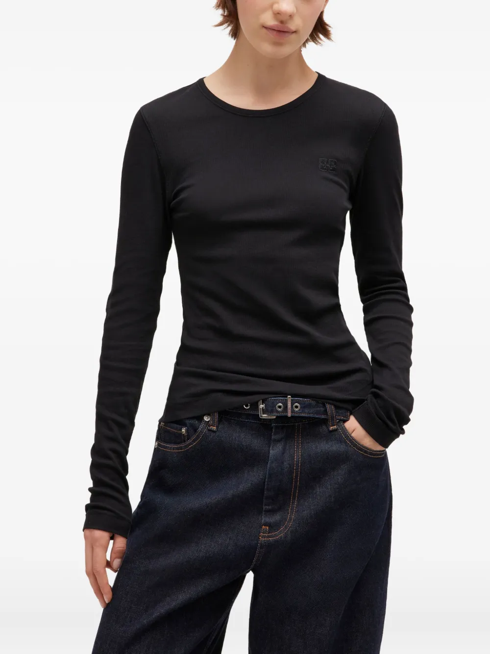 GANNI Geribbeld T-shirt met lange mouwen Zwart