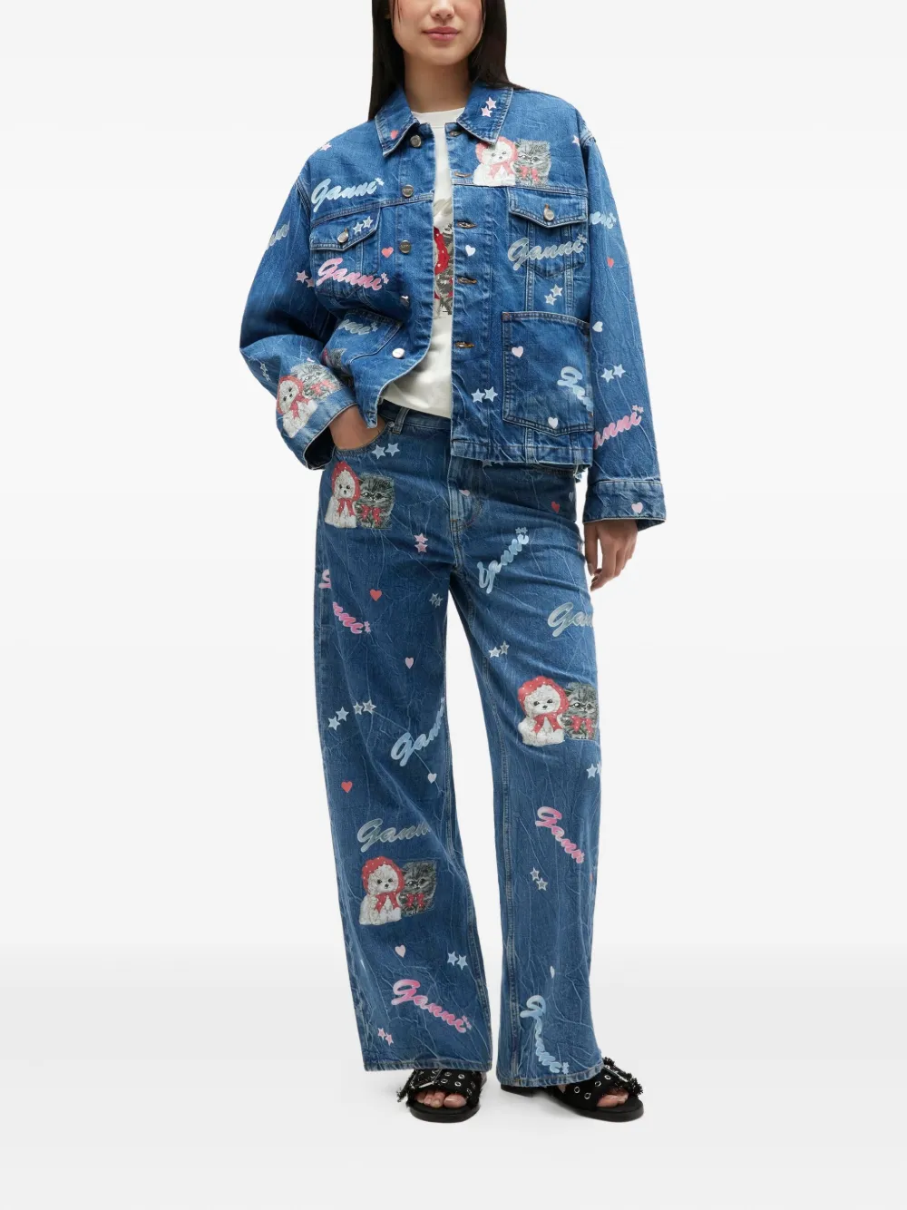 GANNI cat-print star-embellished jeans | Wide-Leg Jeans | Image 2