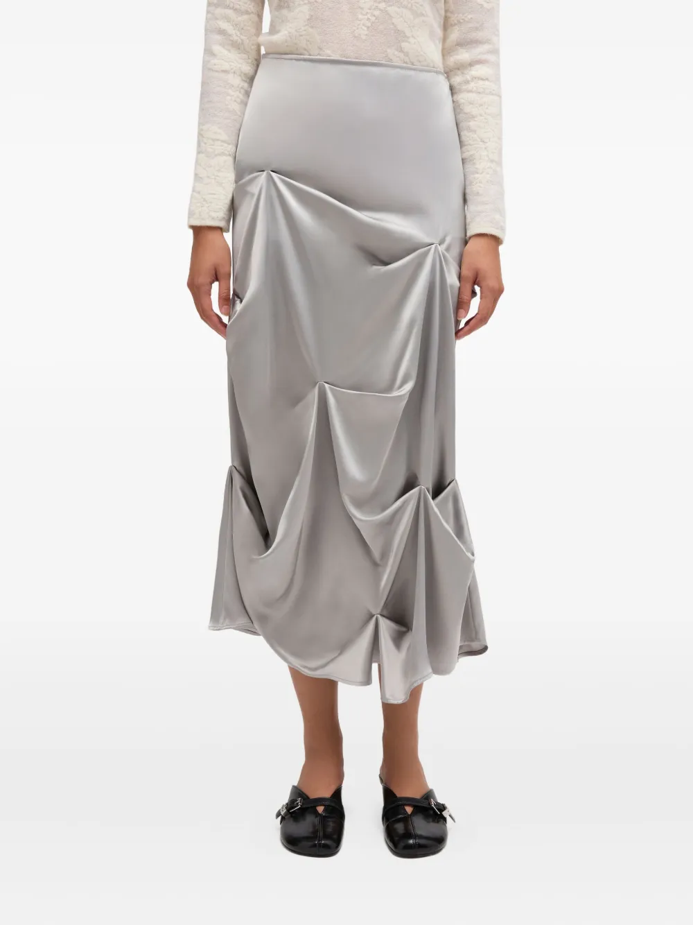 Ganni Asymmetrical-hem Draped Midi Skirt In Gray