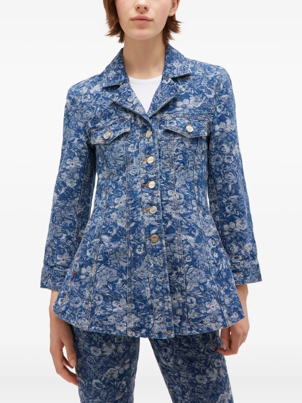 Ganni Jeansjacke Mit Blumen-print In Blue