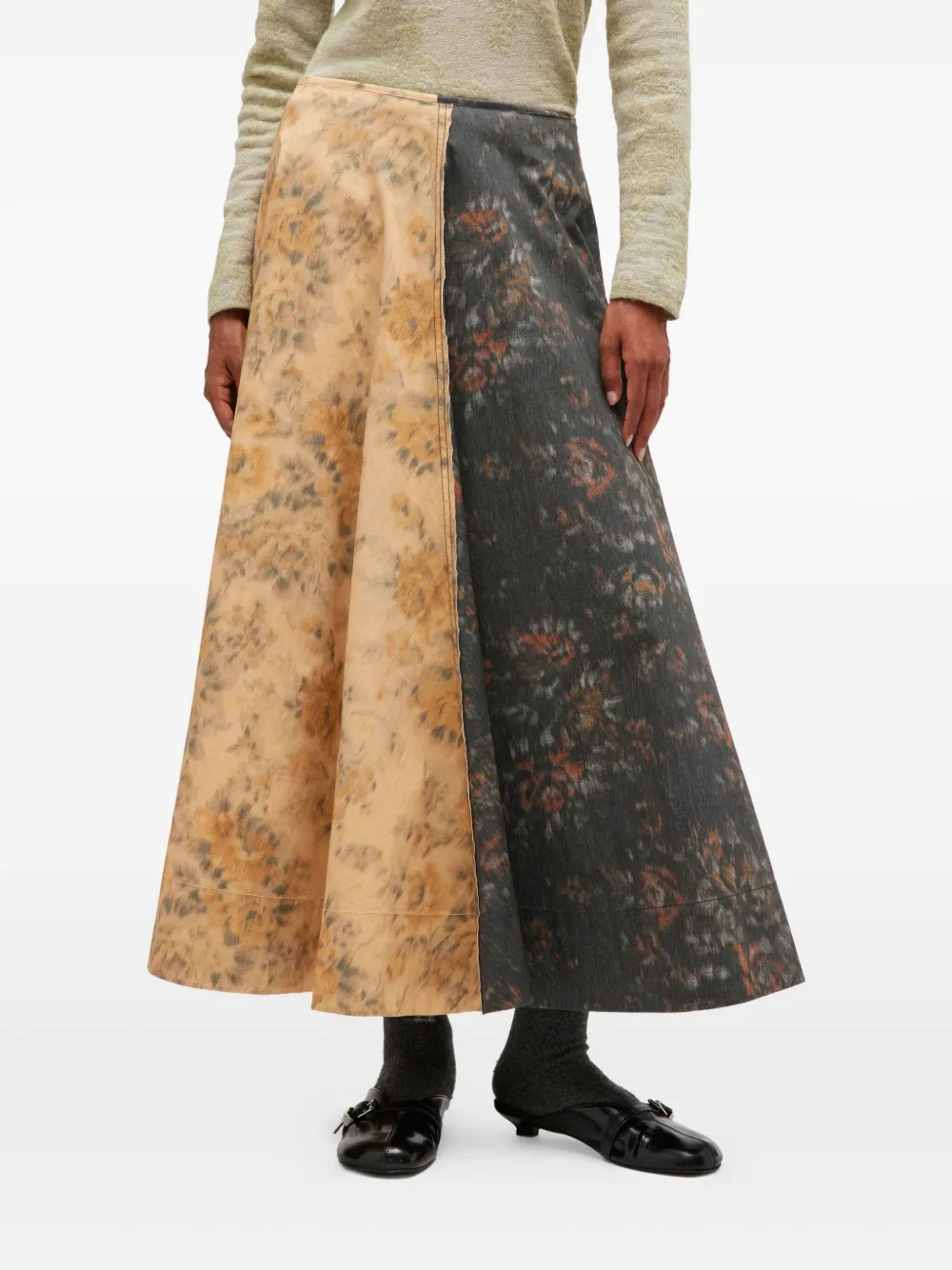 Ganni Black And Beige Floral Skirt In Yellow