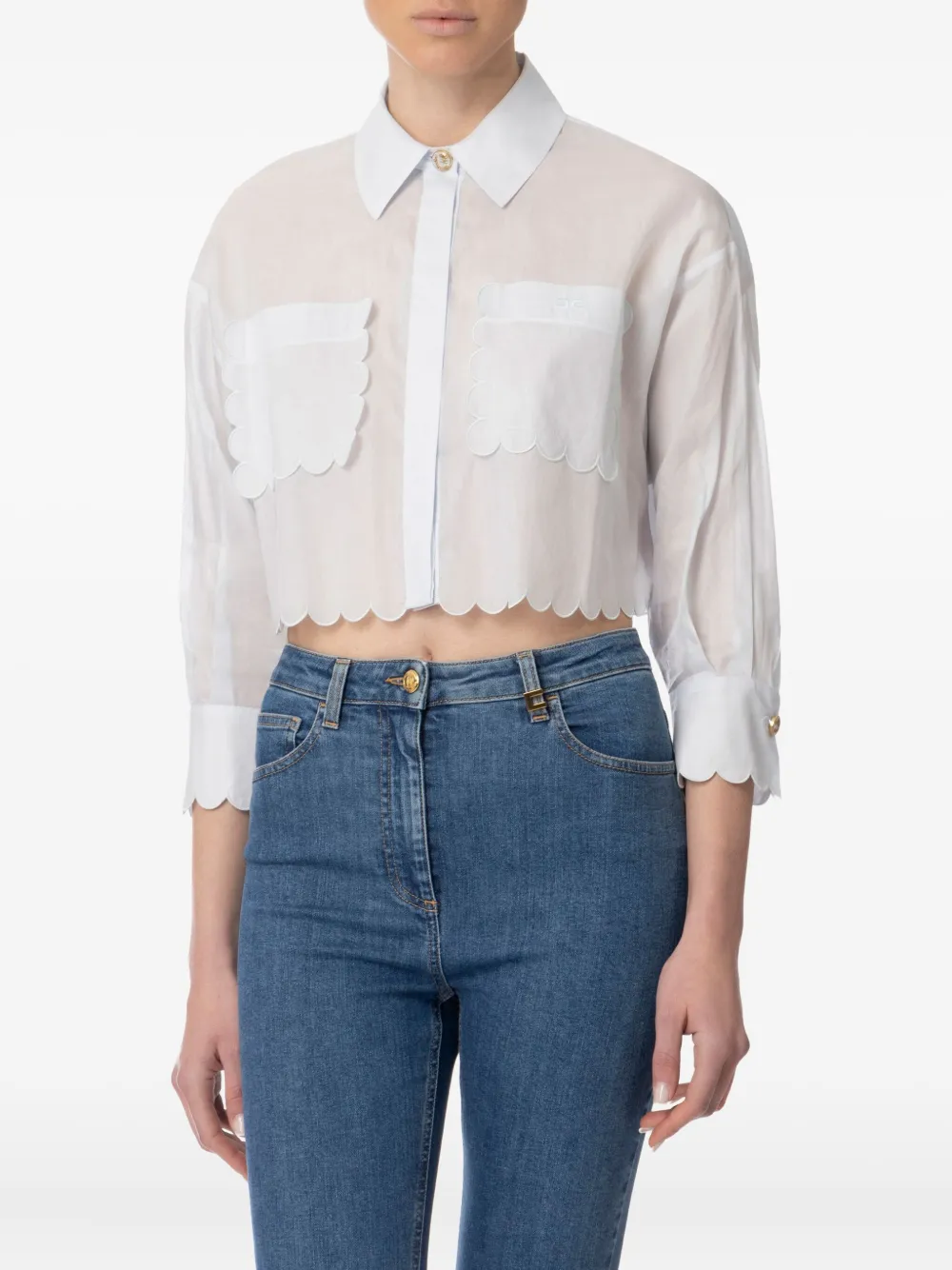 Elisabetta Franchi scallop-trimmed cotton shirt Blauw