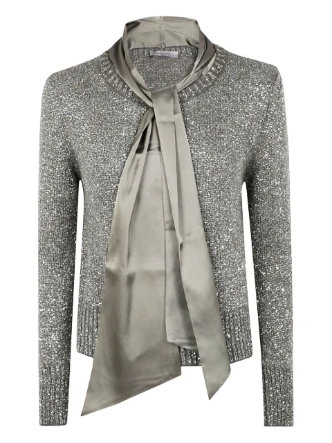 D.Exterior sequin-embellished tie-neck sweater