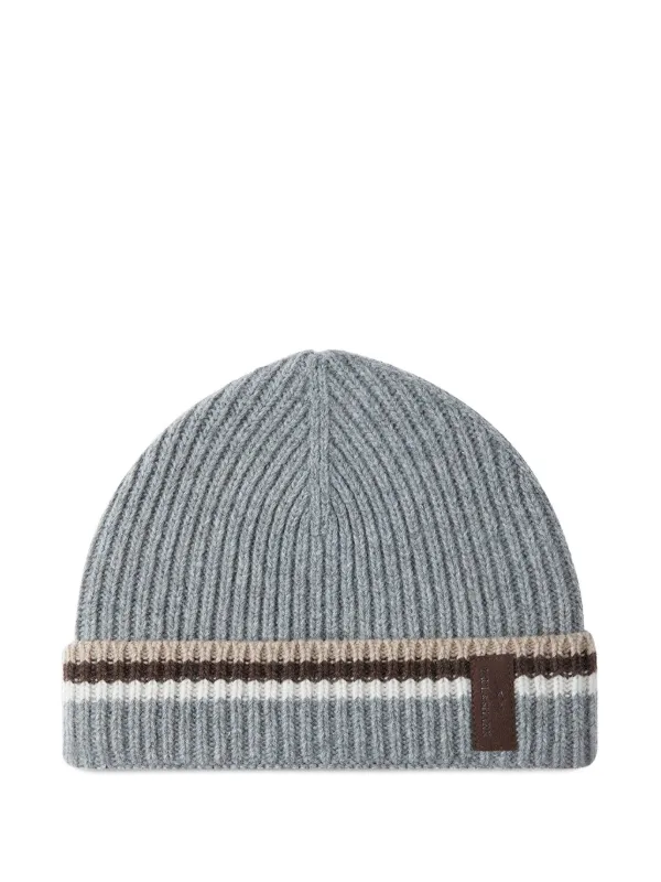 Paul & Shark Ribbed Striped Beanie Hat in Grey