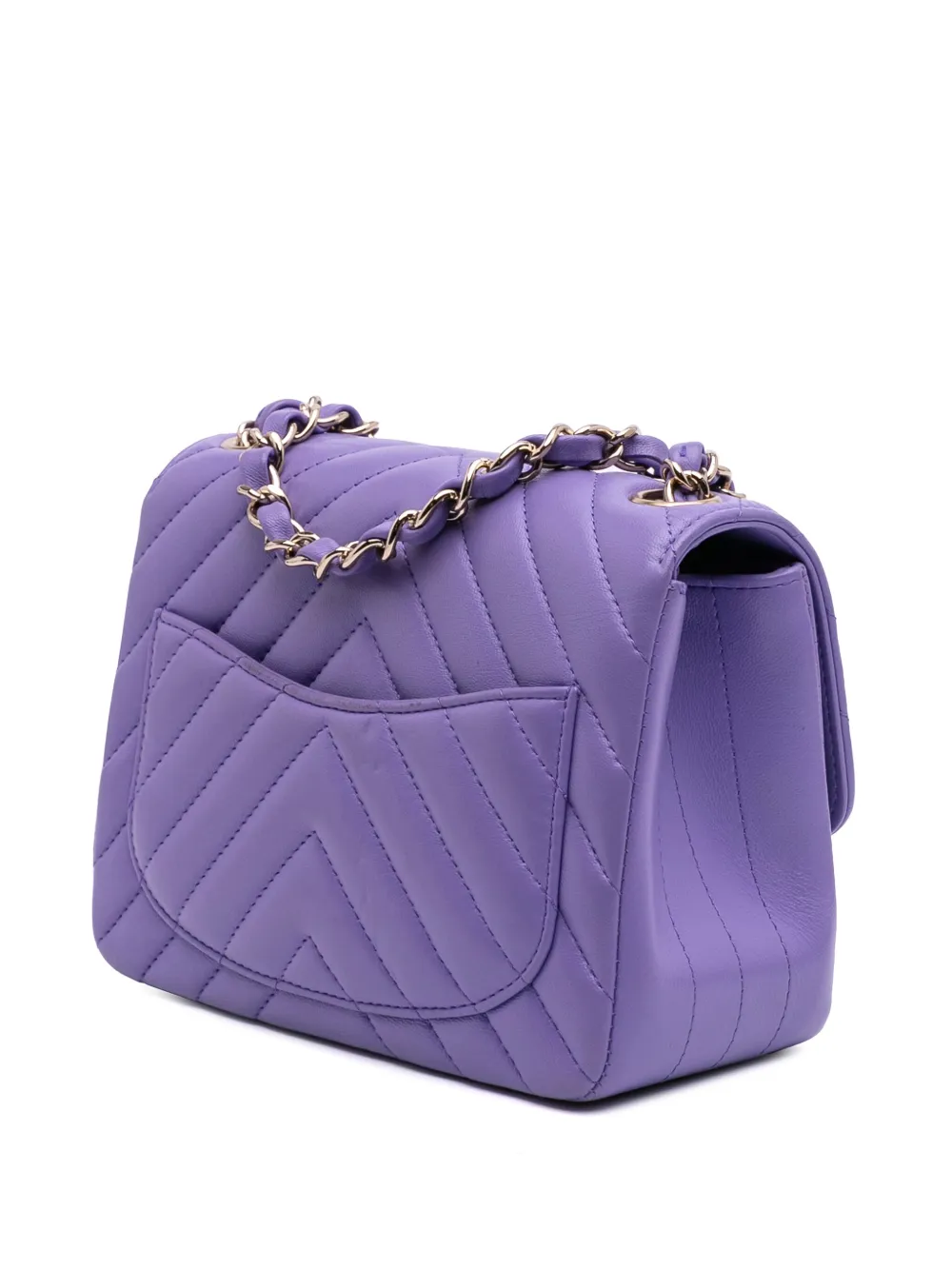 Pre-owned Chanel 2019 Mini Square Classic Chevron Lambskin Single Flap Crossbody Bag In Purple