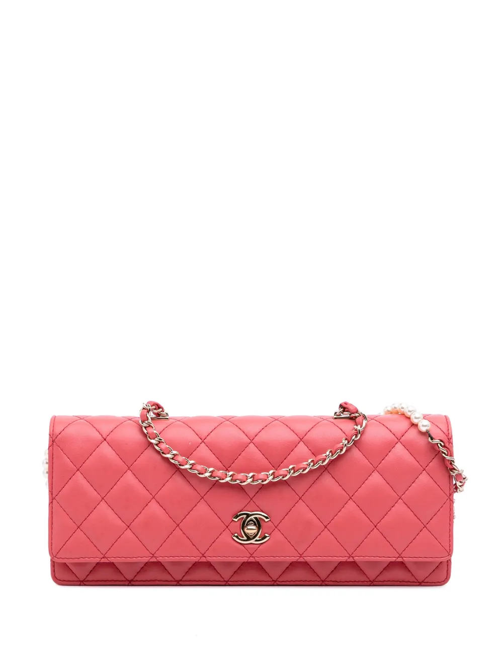 CHANEL Pre-Owned 2016-2017 Quilted Lambskin Pearl Chain East West Single Flap satchel | Pink | Image 1