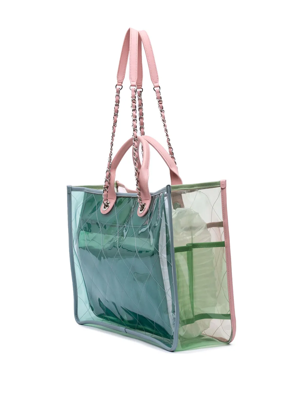 Pre-owned Chanel 2018 Medium Tricolor Pvc And Lambskin Coco Splash Shopping Tote Satchel In Pink
