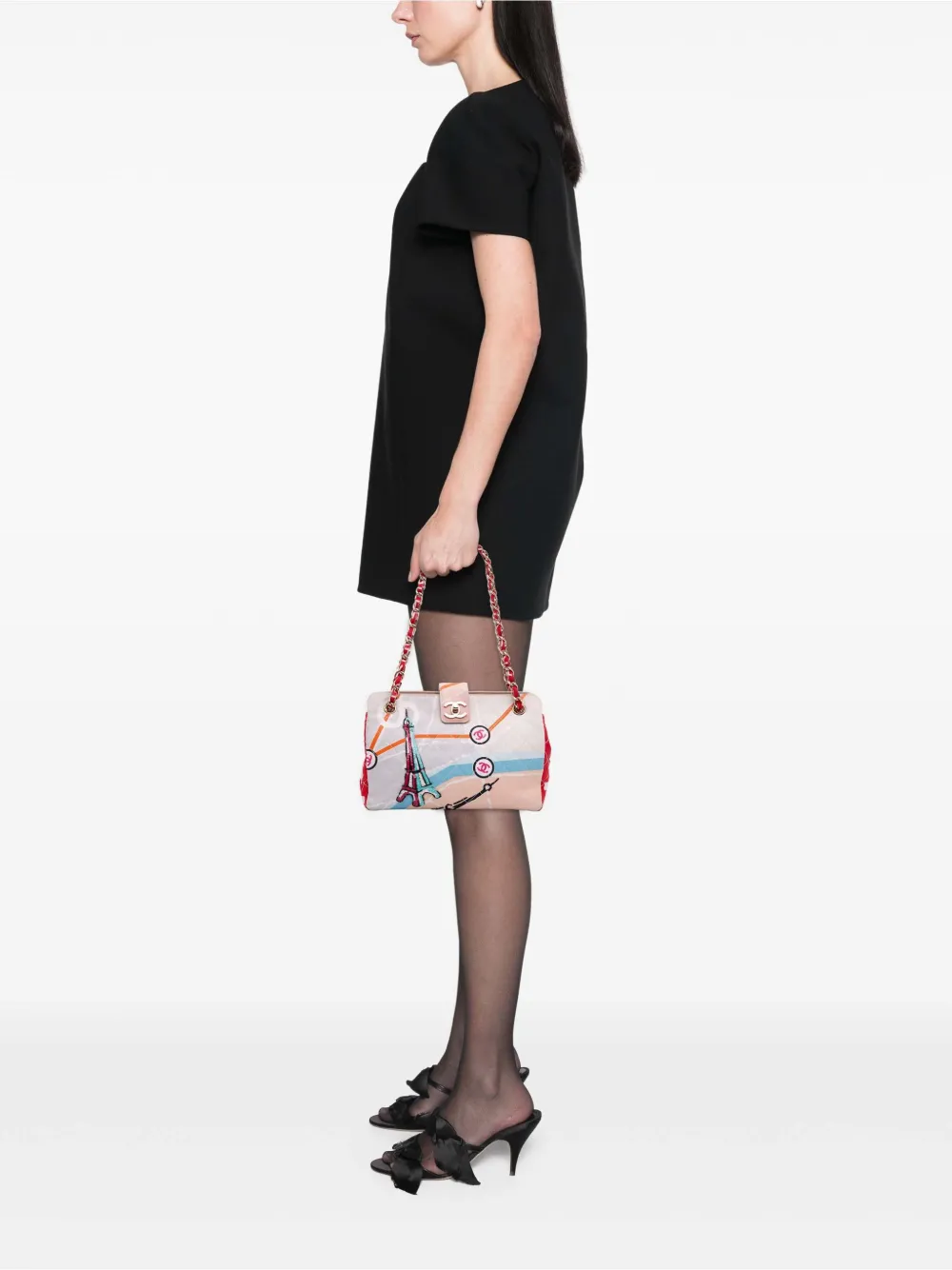 Pre-owned Chanel 2005-2006 Cc Printed Canvas Eiffel Tower Shoulder Bag In Brown