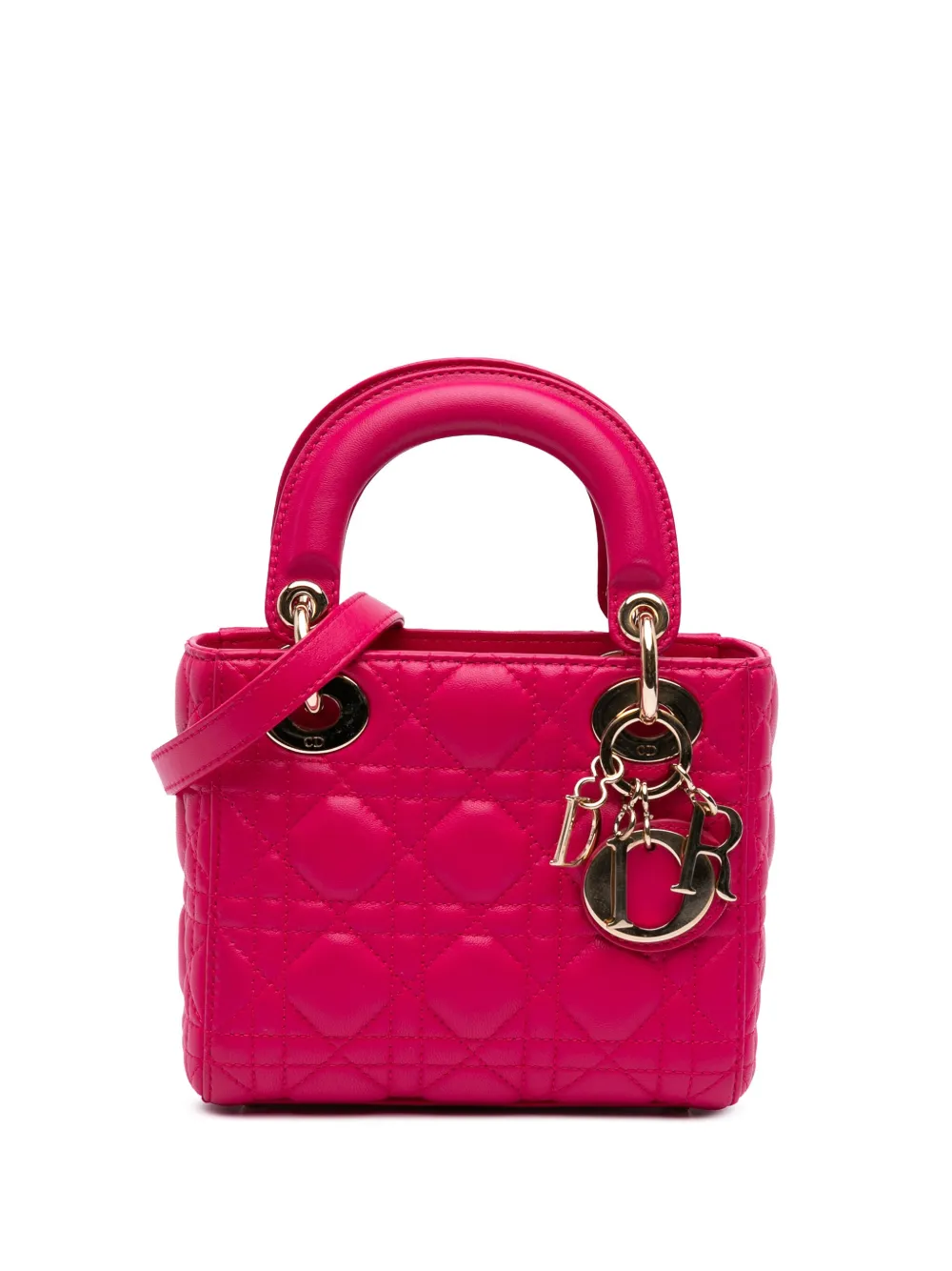 Pre-owned Dior 2014 Mini Lambskin Cannage Lady Satchel In Pink
