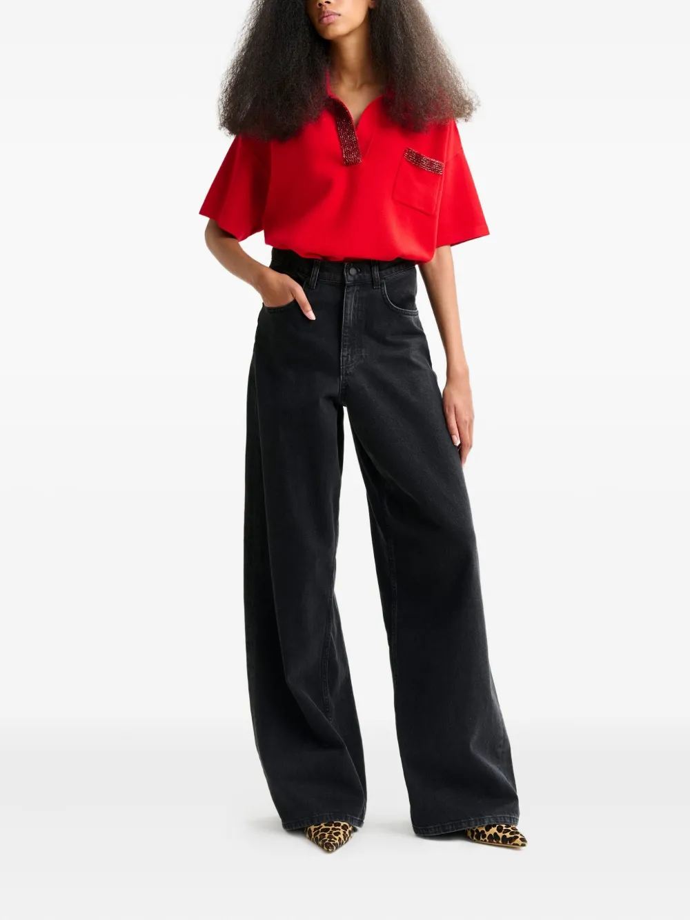 Essentiel Antwerp coated-pocket wide-leg jeans Zwart