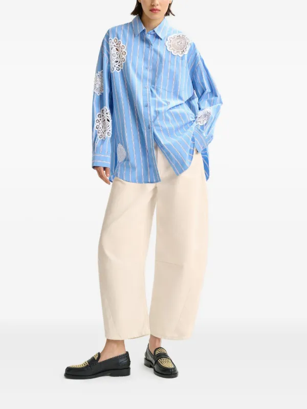 Chemise Femme Manches Longues Rayée Avec Détails Patchwork - Coupe Ample, Col Classique - Polyester