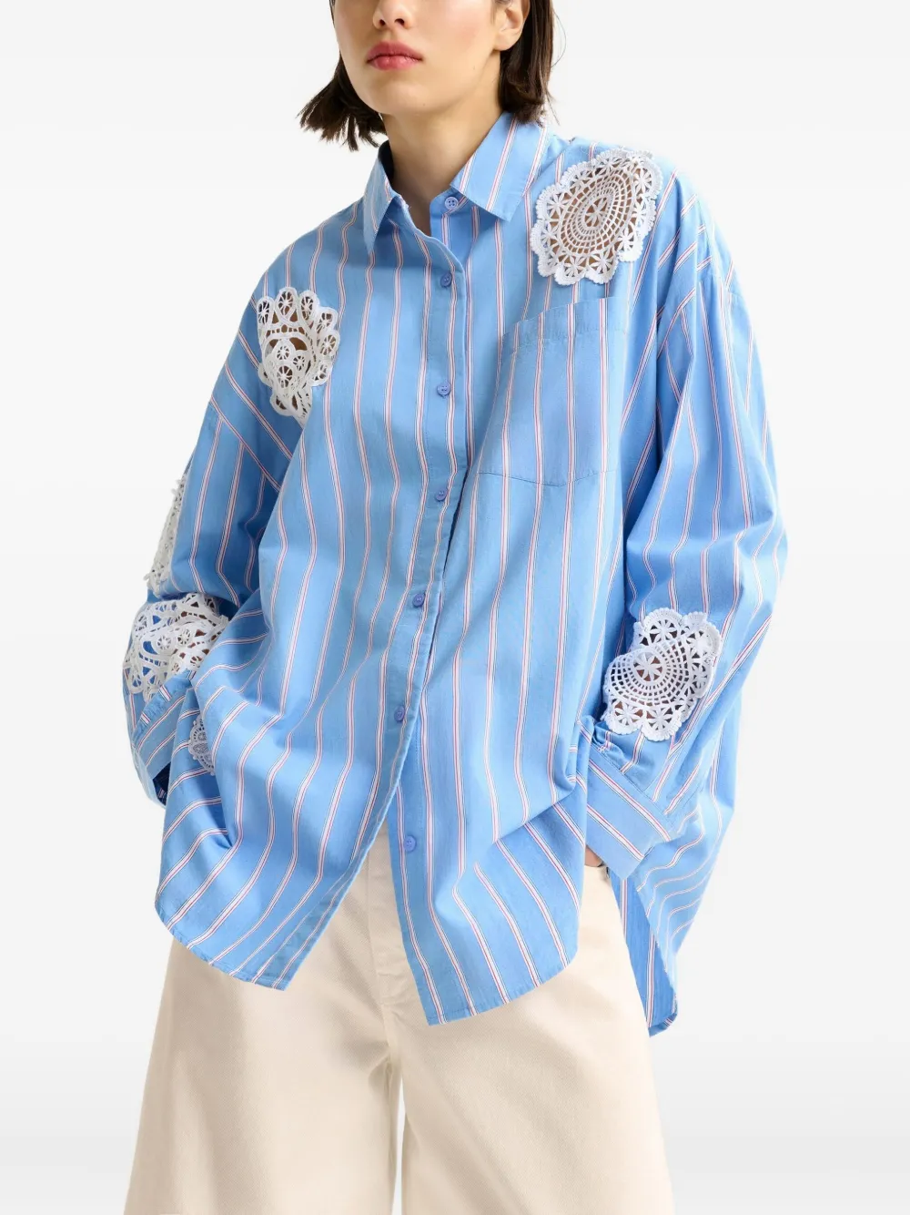 Essentiel Antwerp striped lace-patchwork shirt Blauw