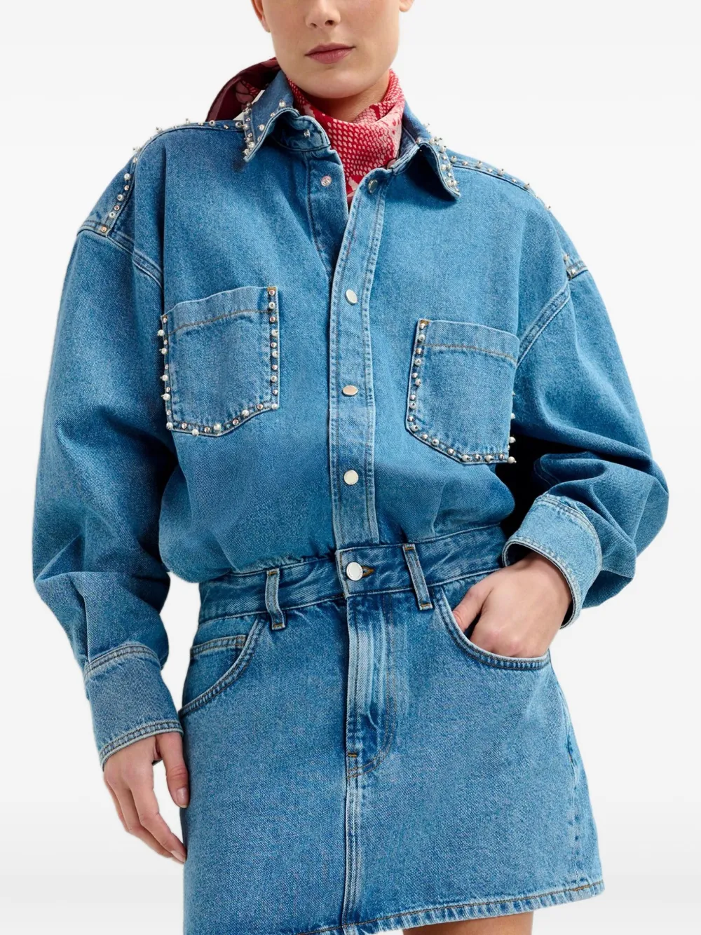 Essentiel Antwerp studded denim mini day dress Blauw