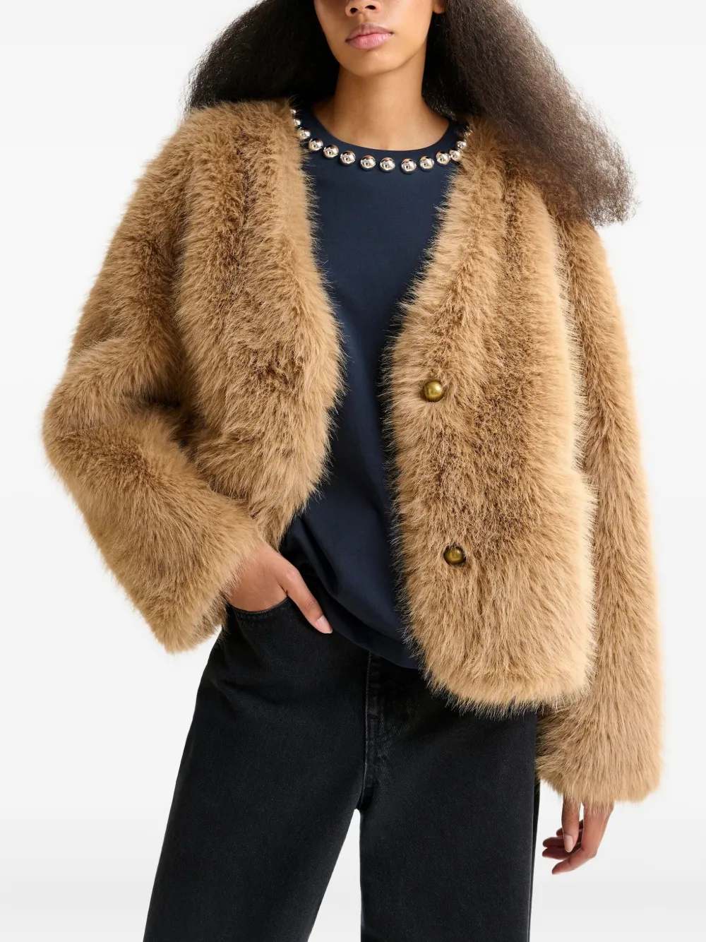 Essentiel Antwerp Faux-fur Button Jacket In Brown