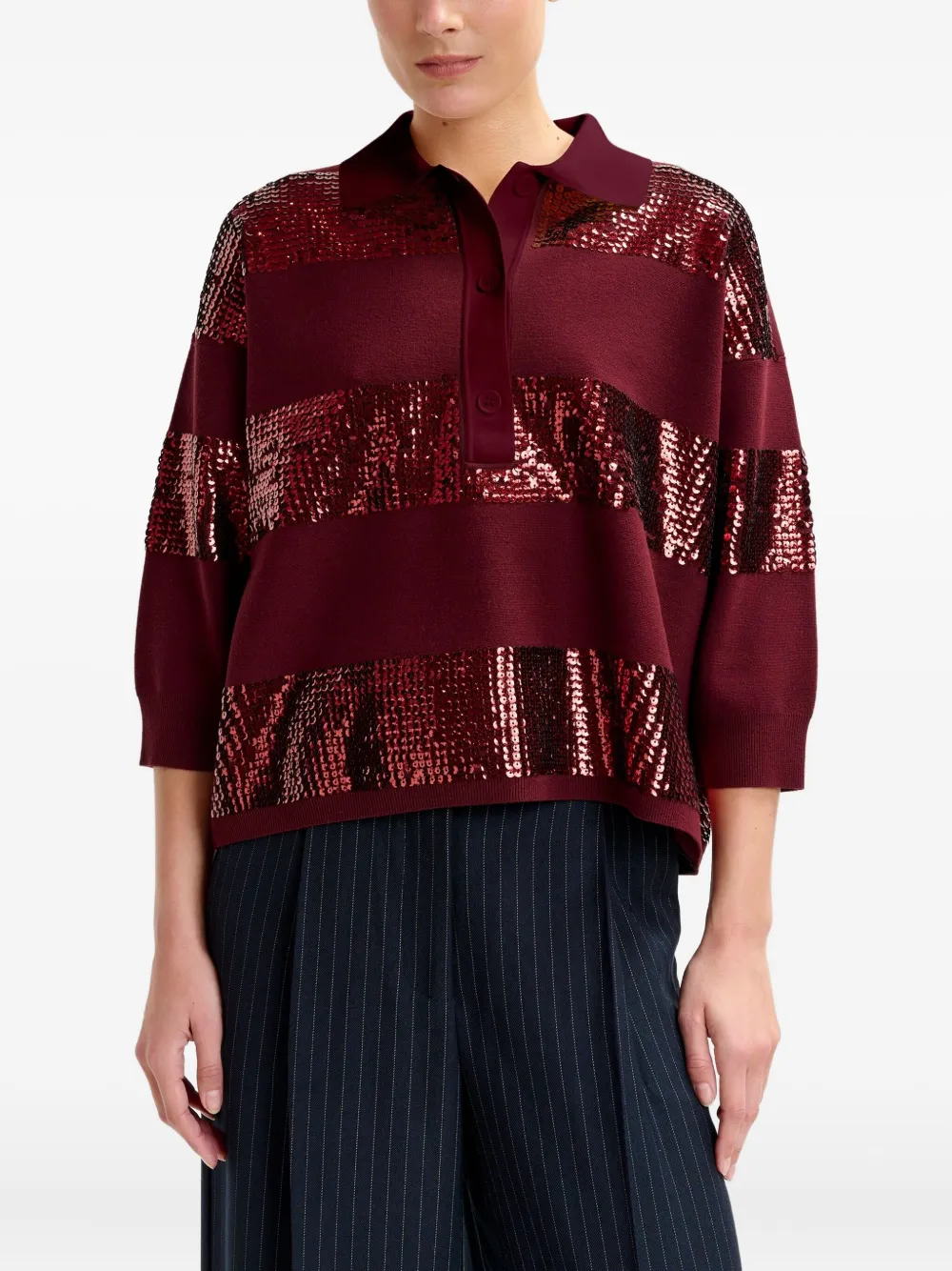 Essentiel Antwerp Illuminati Sequin-striped Polo Shirt In Red