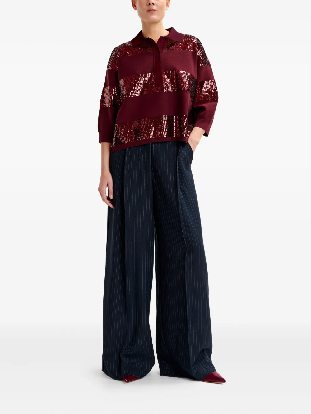 Essentiel Antwerp Illuminati Sequin-striped Polo Shirt In Red
