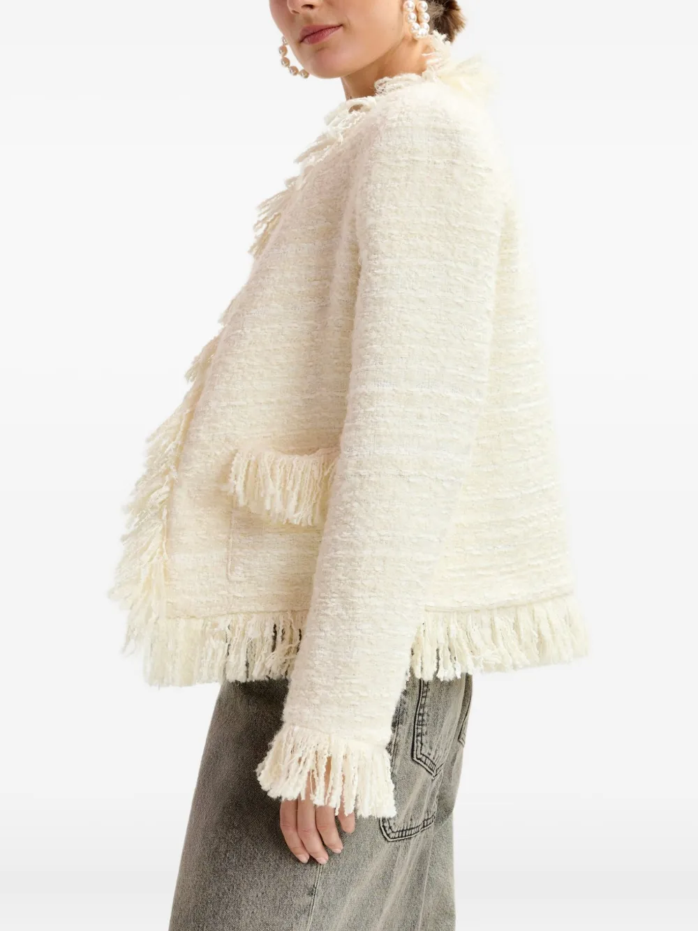 Essentiel Antwerp fringe tweed jacket Beige