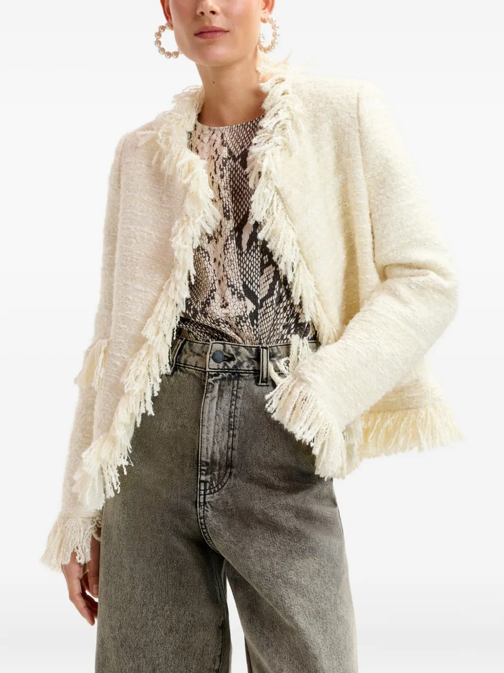 Essentiel Antwerp fringe tweed jacket Beige