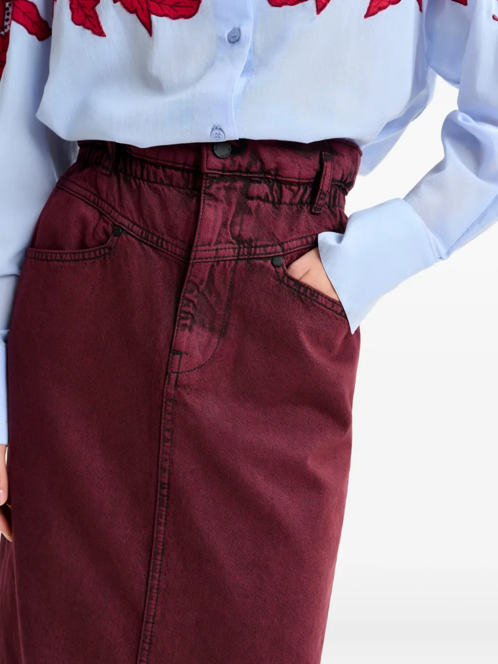 Essentiel Antwerp elasticated-waistband denim midi straight skirt Rood