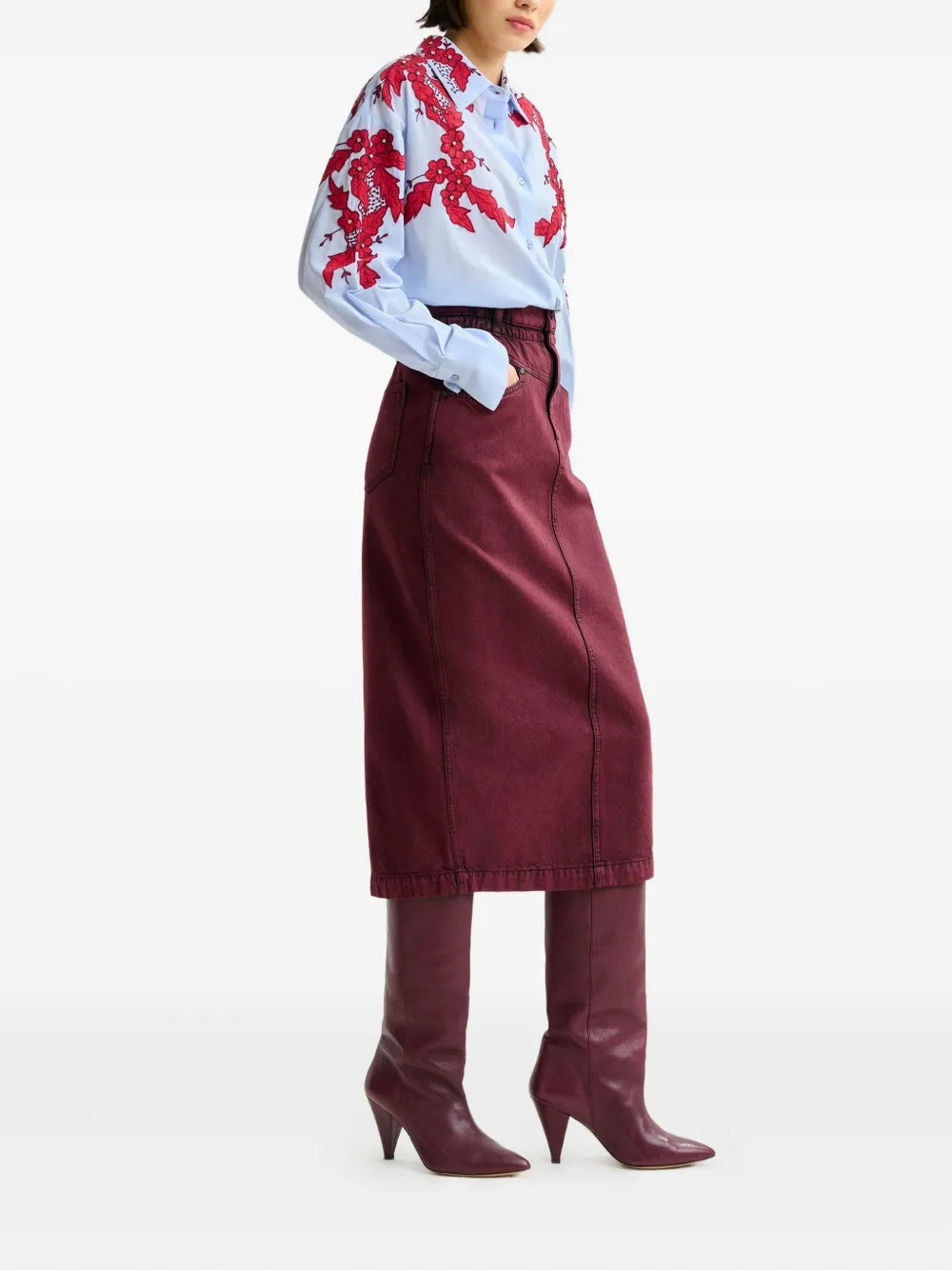 Essentiel Antwerp elasticated-waistband denim midi straight skirt Rood
