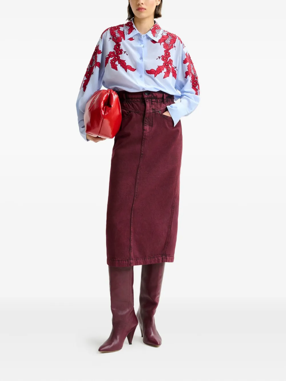 Essentiel Antwerp elasticated-waistband denim midi straight skirt Rood