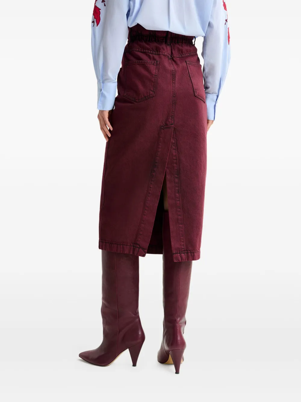 Essentiel Antwerp elasticated-waistband denim midi straight skirt Rood